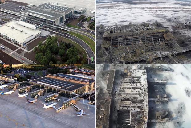 На снимках слева – донецкий аэропорт до прихода "русского мира", на снимках справа – после. Оборона аэропорта длилась 242 дня – с сентября 2014 года по январь 2015-го.